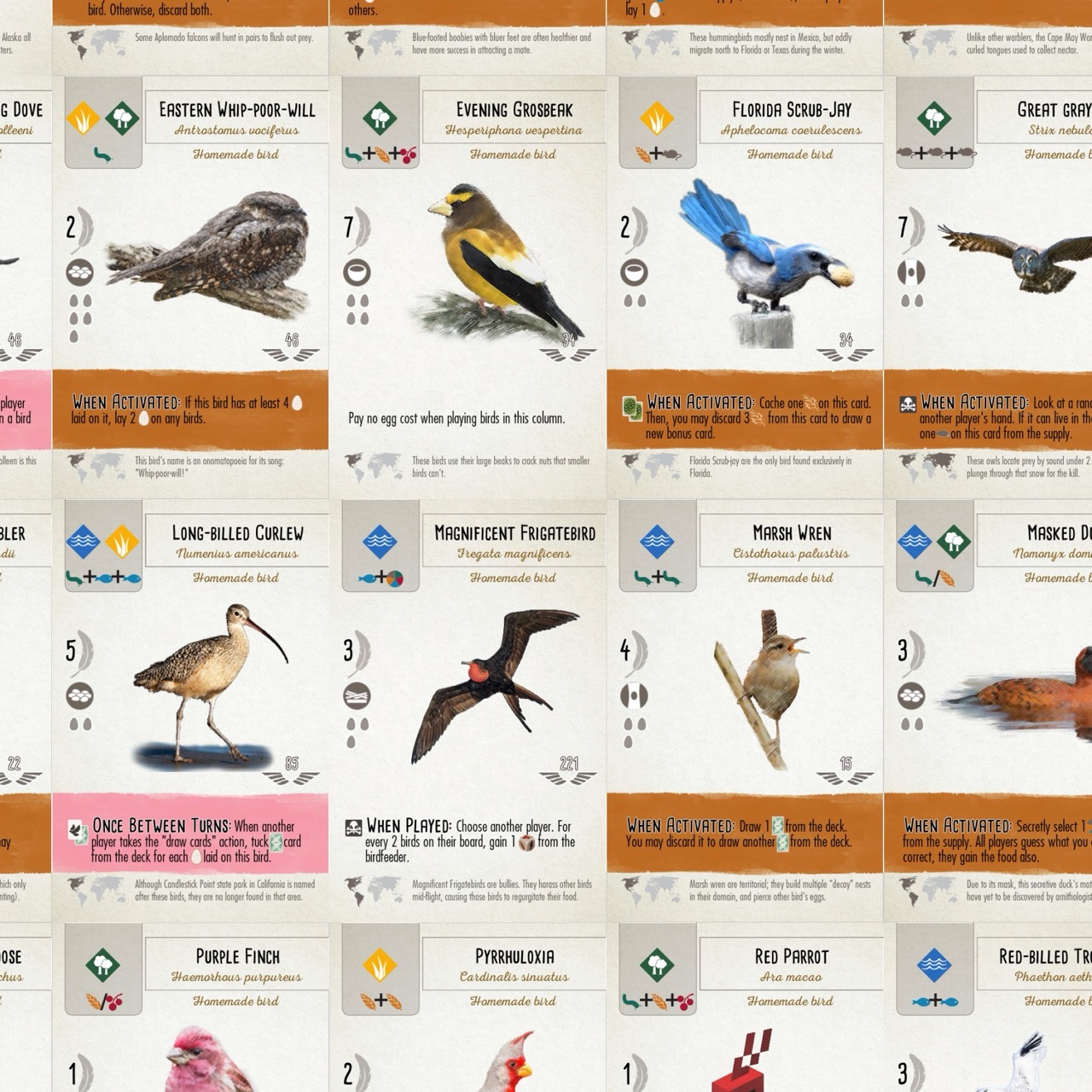 Custom cards for the game Wingspan, laid out in a grid